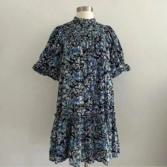 Love The Label Lillian Puffed Sleeve Dress Blue Pattern Sz S - Picture 1 of 11